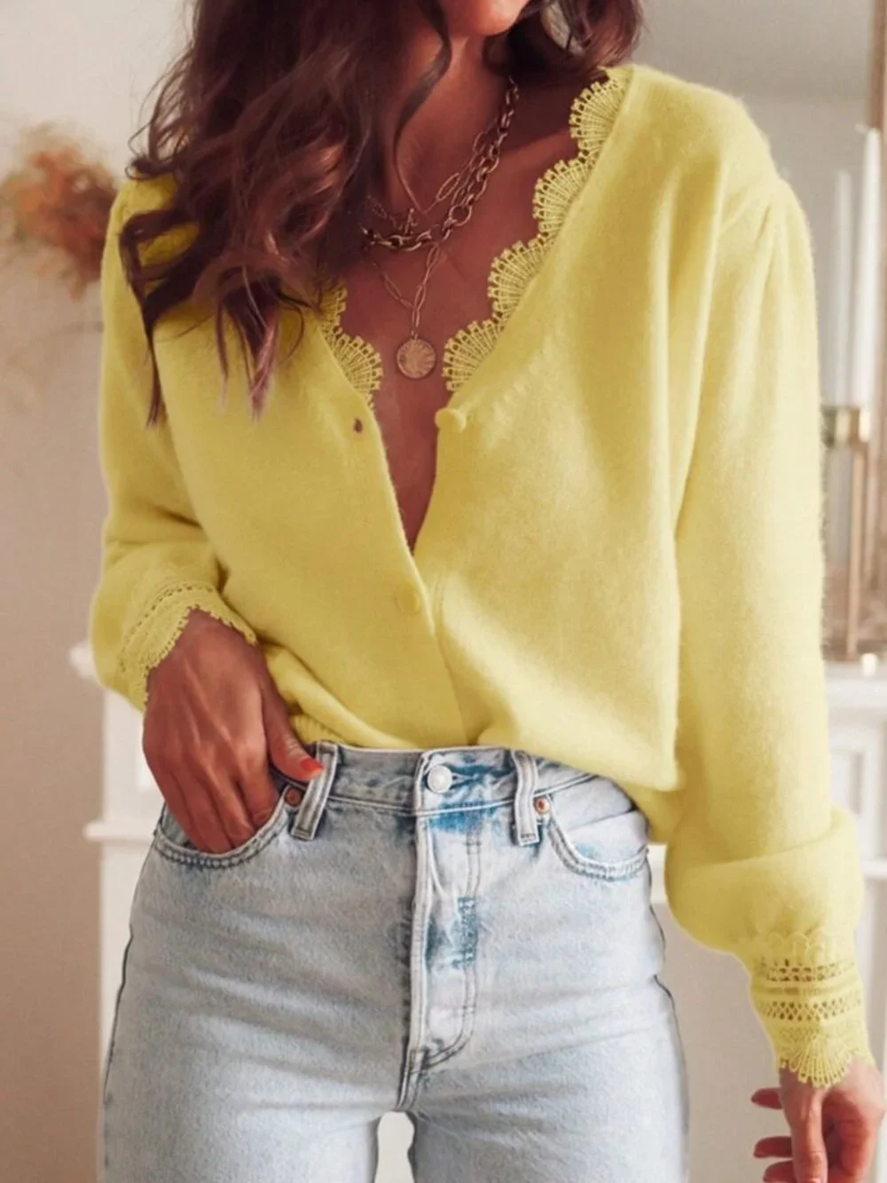 Yellow Casual Women's Loose Contrast Lace V-Neck Drop Sleeve Knit Cardigan